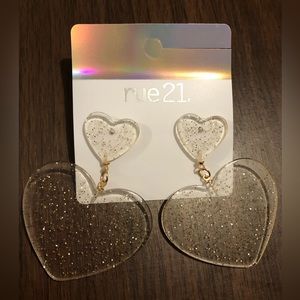 New Rue 21 Clear plastic Hearts Glitter Drop Dangle Earrings #B76